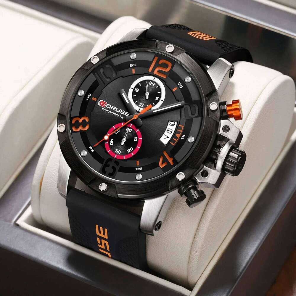 4 PCS SET BORUSE Luxury & Triangle Spearhead Necklace Set, Mens Quartz Waterproof Watches Business Silicone Watch
