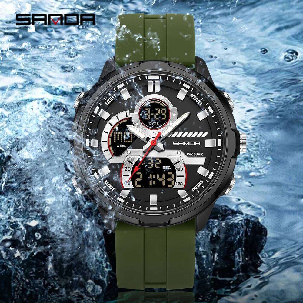 SANDA new 9077 men's sports multifunctional dual display waterproof LED night light student electronic watch