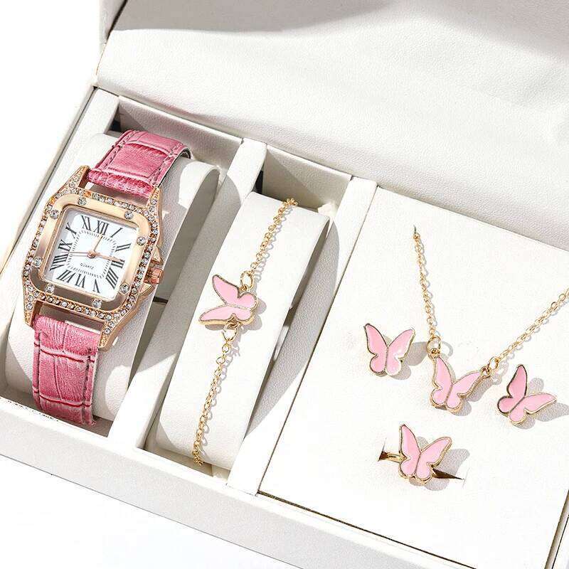 6pcs Women Fashion Quartz Female Clock Pink Butterfly Necklace Bracelet Luxury Design Ladies Leather Wrist Watch