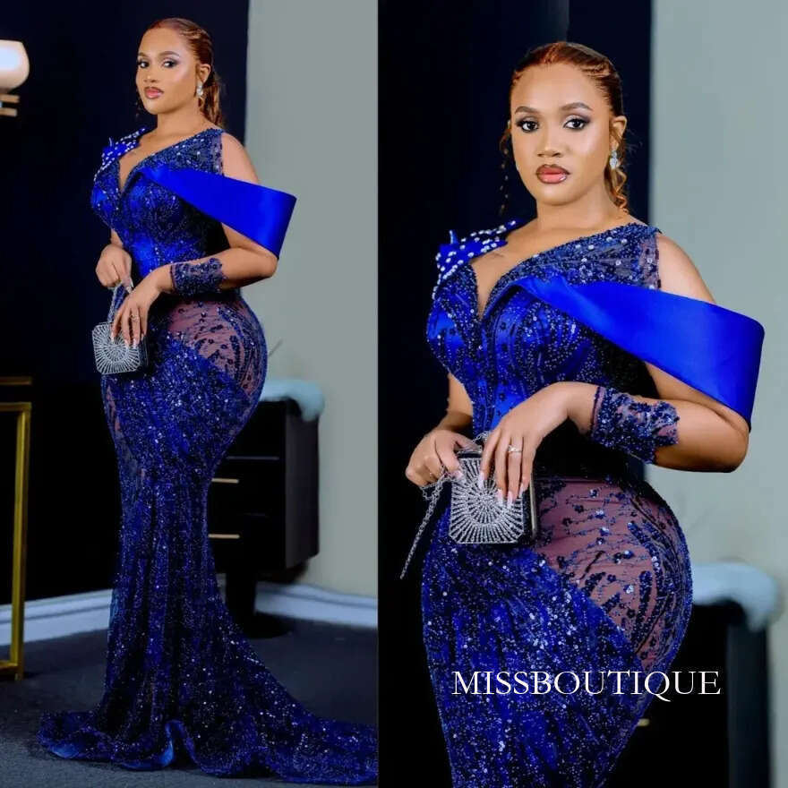 Royal Blue Aso Ebi Prom Sheer Long Sleeves Mermaid Beaded Lace Formal Evening Gowns Plus Size Engagement Dresses B0312