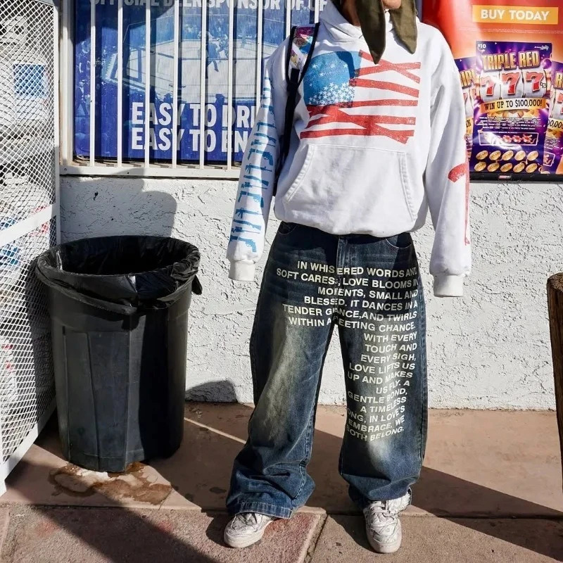 Deeptown Vintage Letter Print Women Man Jeans Y2k Harajuku Washed Wide Leg American Style Denim Pants Baggy Hip Hop Streetwear 260310