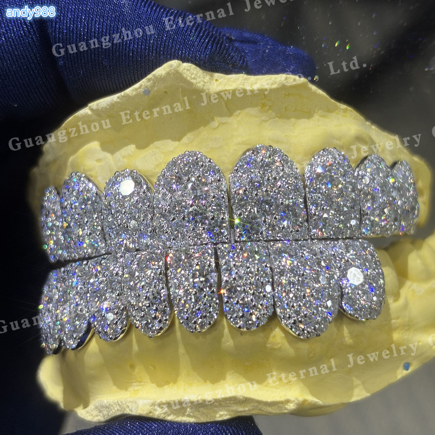 Custom Iced Out Bling Top Bottom 10 S925 Silver Flawless Moissanite Diamond Perm Cut Straight Line Solid Gold Grillz for Teeth