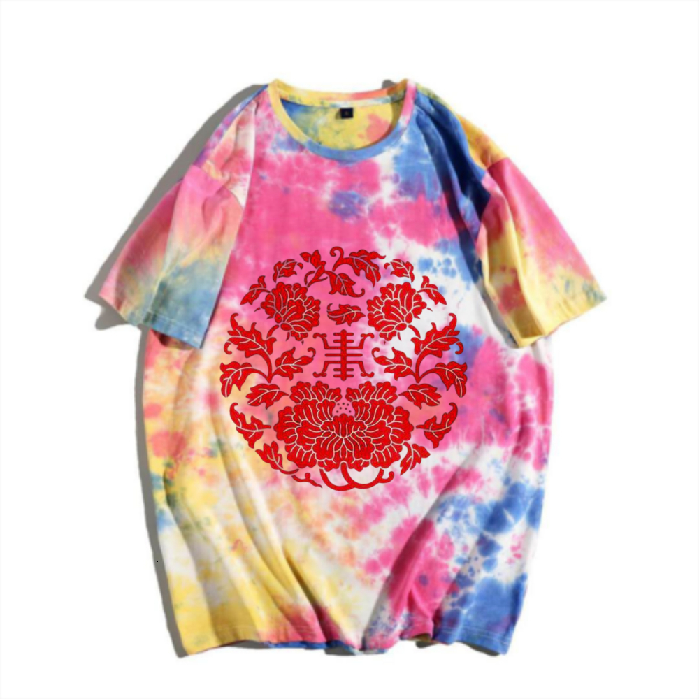 China-Chic New Chinese Fortune Peony Tie Dyed Short Sleeve T-shirt Rainbow Gradual Change Traditional Auspicious Pattern Print Men's Summer Versa