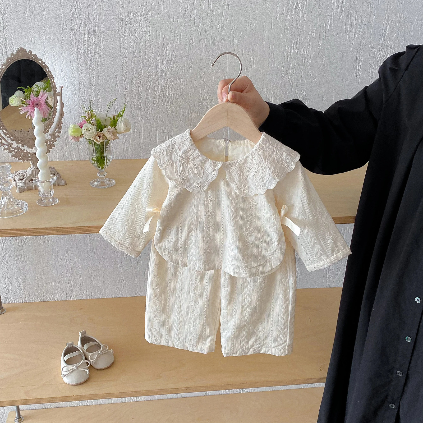 Baby girl lace collar top wideleg pants set autumn girls bow jacquard fabric twopiece 260311