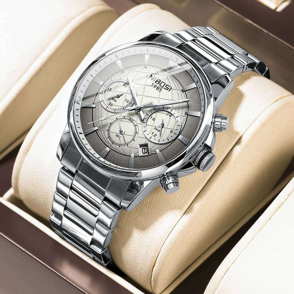 NIBOSI Mens Military Chronograph with Calendar Waterproof Stainless Steel Men's Wrist Watches Analog Quartz Watch