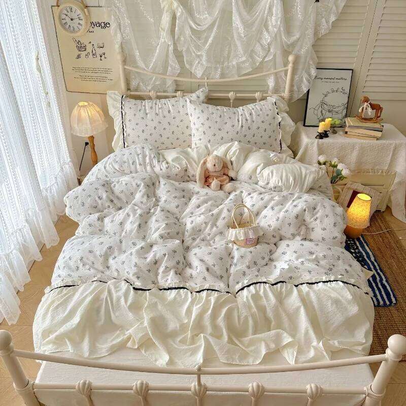 2025 new Korean French lazy puff flower edge quilt cover four-piece princess style dormitory three-piece set H260312