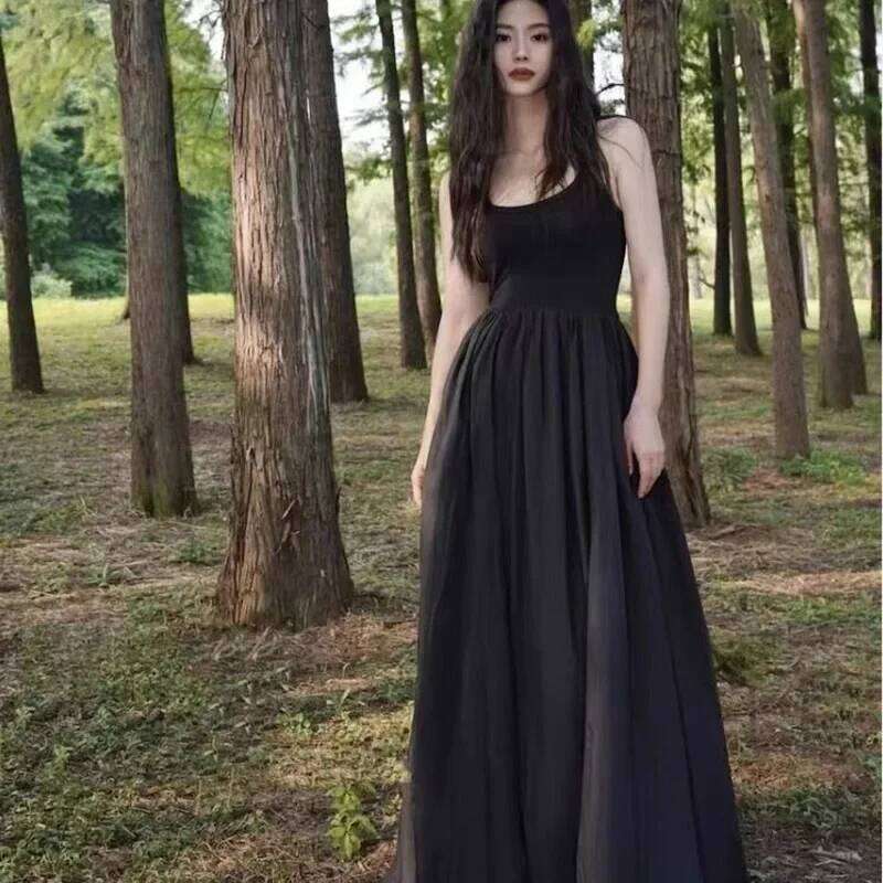 Fashion Black Strapless Long Dress Women Slim Sleeveless O-Neck High Waist Dresses Female 2025 Spring Summer new Party Vestidos C260312