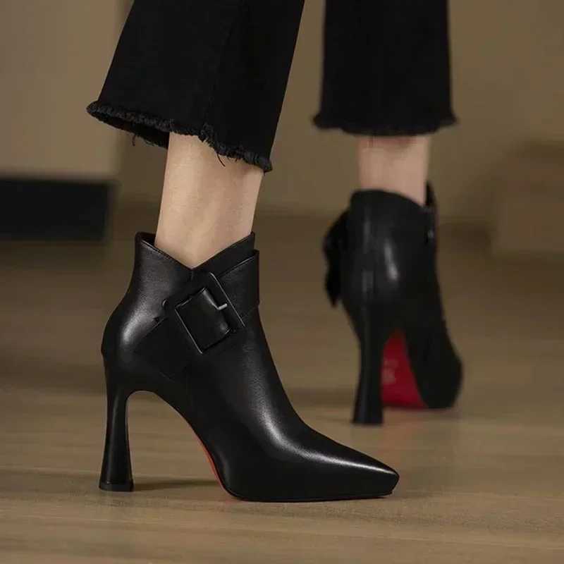 Womens Elegant High Heels Ankle Boots 2025 Spring Belt Buckle Pu Leather Short Boots Woman Plus Size 43 Thin Heeled Party Shoes S260312