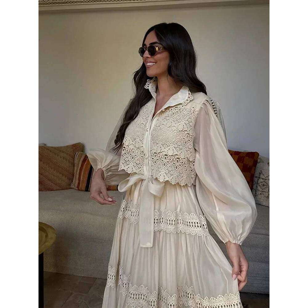 Elegant Hollow Out Women's Long Dresses Lantern Sleeves Lace Up Pearl Single Breasted Dress 2025 Spring Summer Female Solid Robe C260312