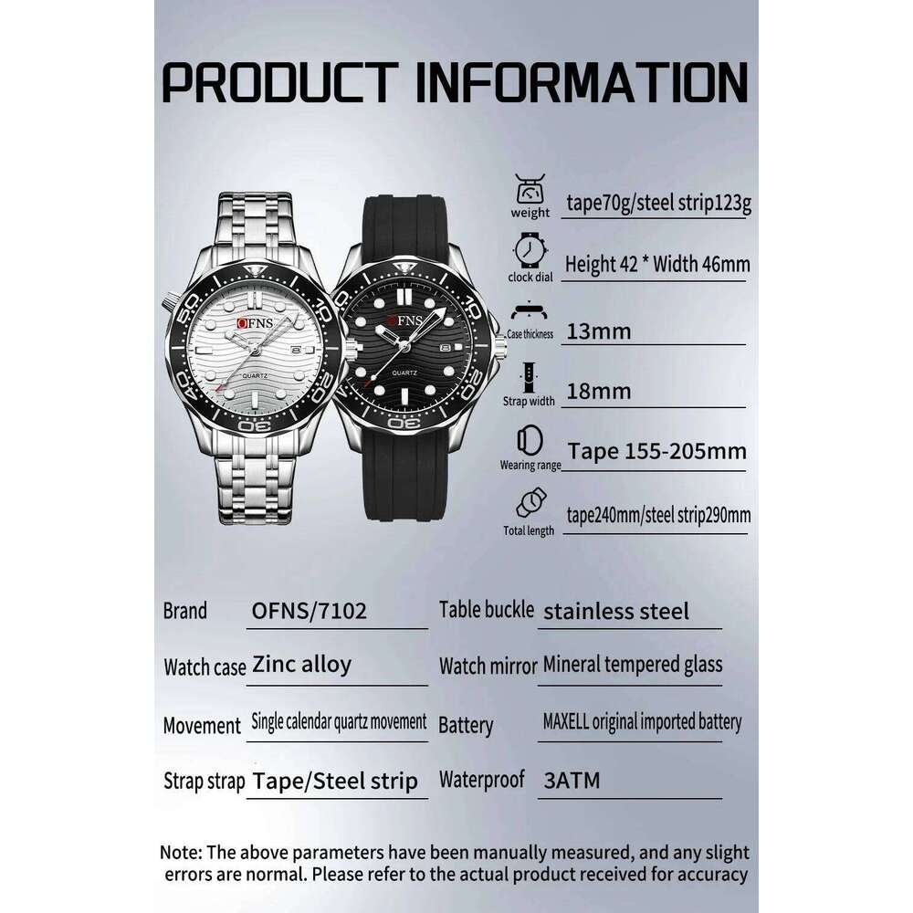 OFNS Top Brand 7102 New Sports Waterproof Luminous Calendar Fashion Trend Steel Strip Men's Quartz Watch