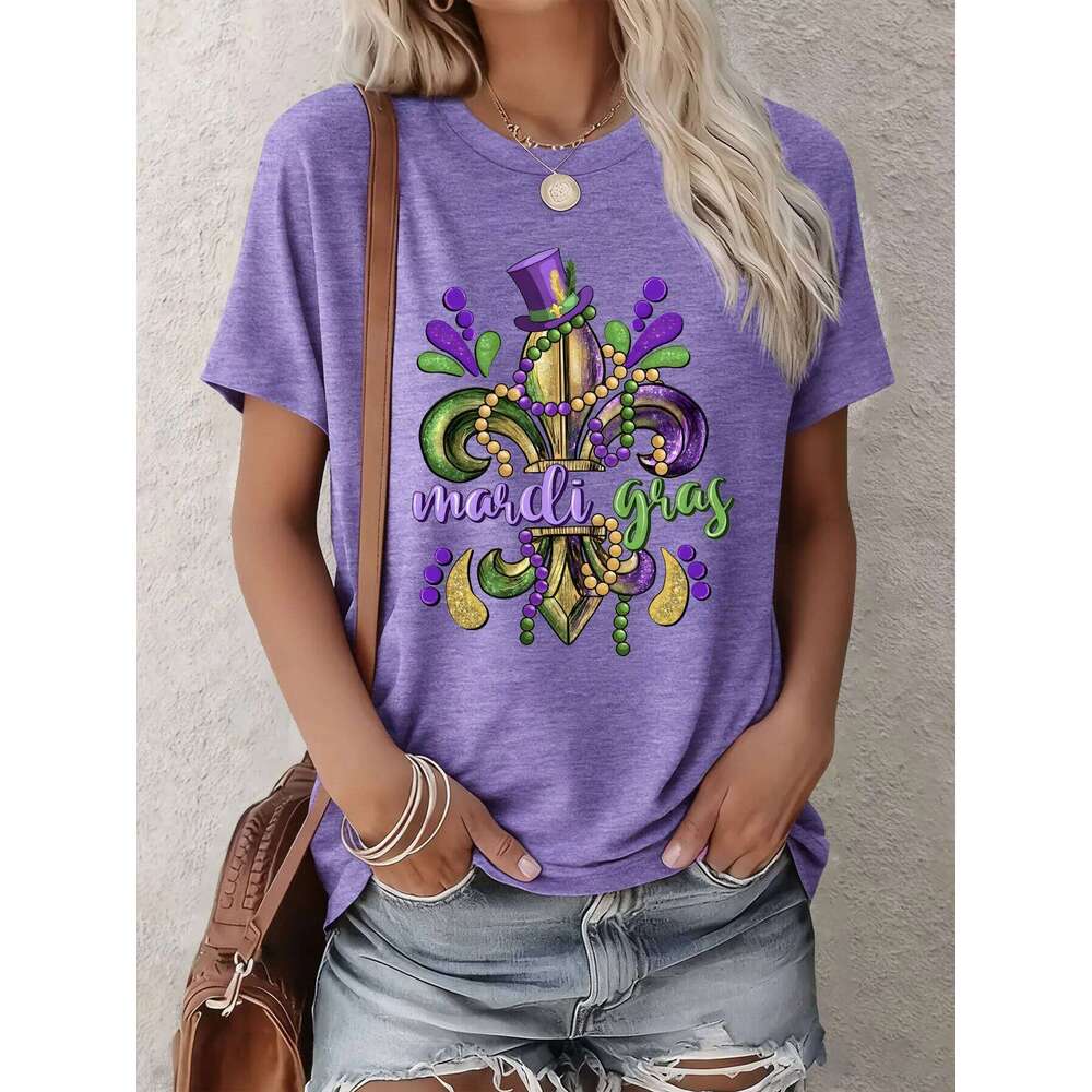 Womens Mardi Gras T Shirt New Orleans Golden Fleur De Lis Purple Top Hat Summer Short Sleeve Casual Party Gift 5 Colors Z260312