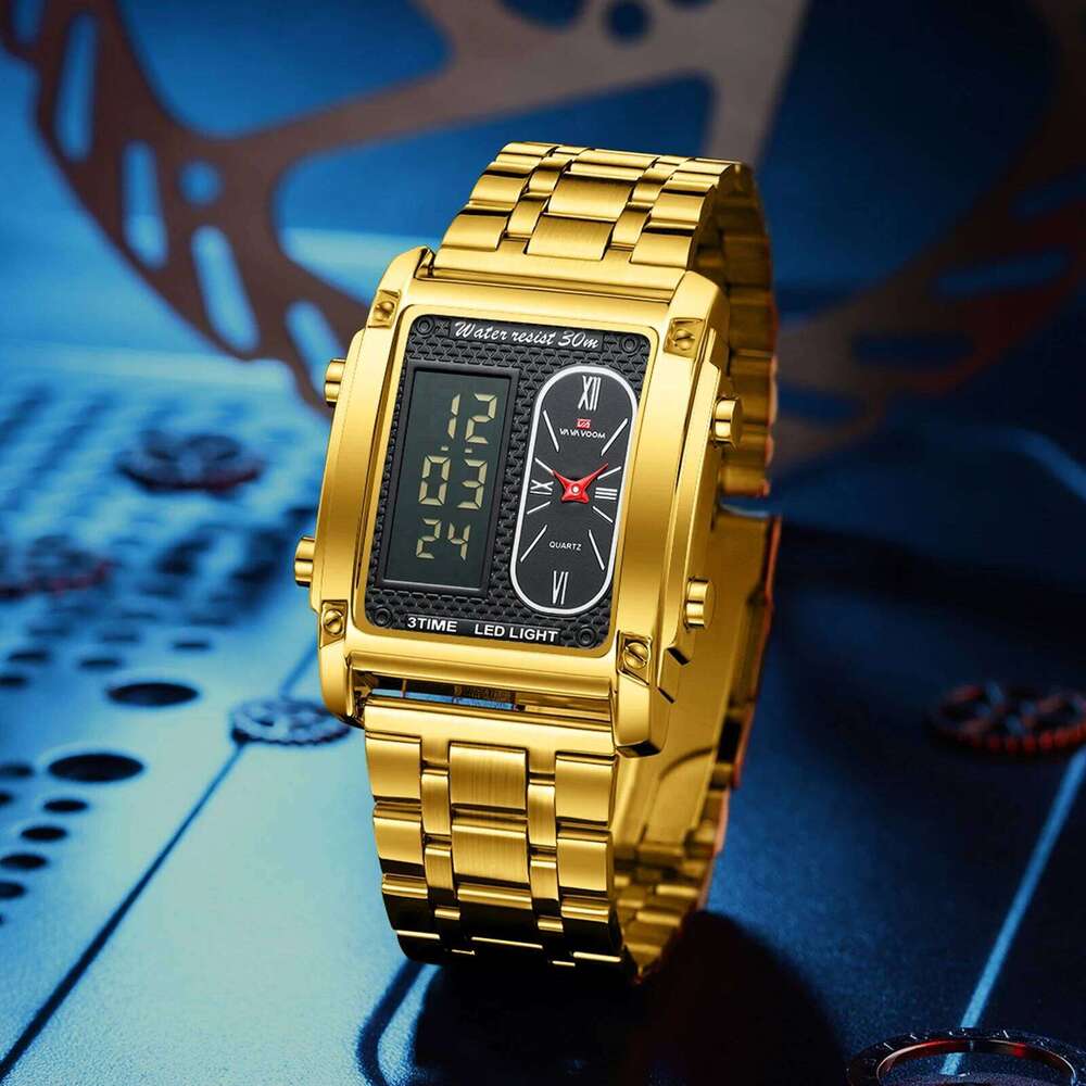 VA VOOM Men Electronic Watch Luxury Stainless Steel Gold LED Working Time Clock Alarm Function Sports Fashion Quartz Watches