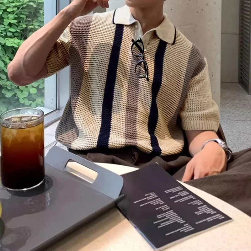 Stylish Striped Hollow Out Knit Polo Shirts Mens Vintage Polo Collar Button Knitted Tops For Men Summer Casual Breathable Polos 260311