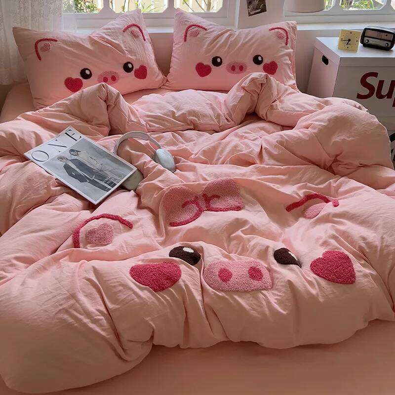Cute Pig Bedding Set Embroidery No Filler Soft Ins Single Queen Size Duvet Cover Flat Sheet Pillowcase Girls Home Bed Linens H260312