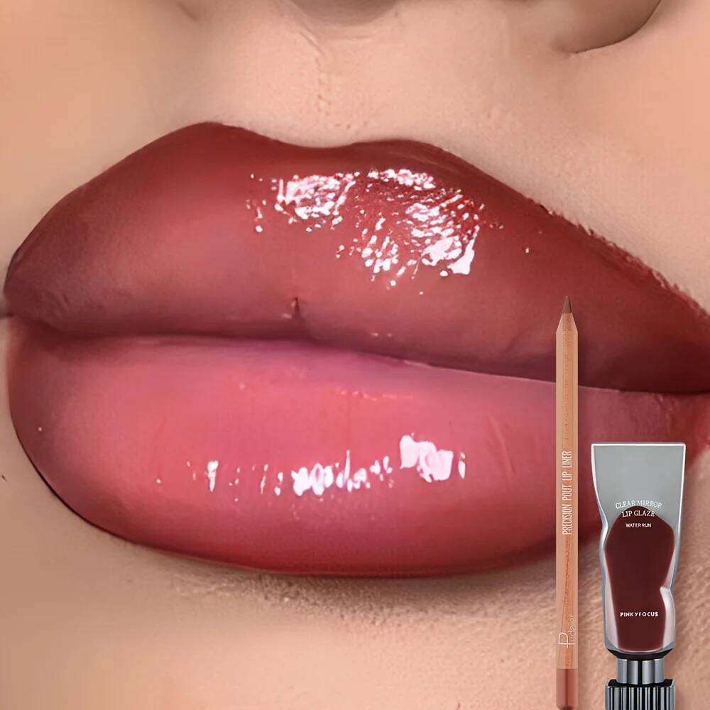 2pcs of moisturizing lip gloss and durable waterproof lipliner set - high color lipstick, glossy texture W260311