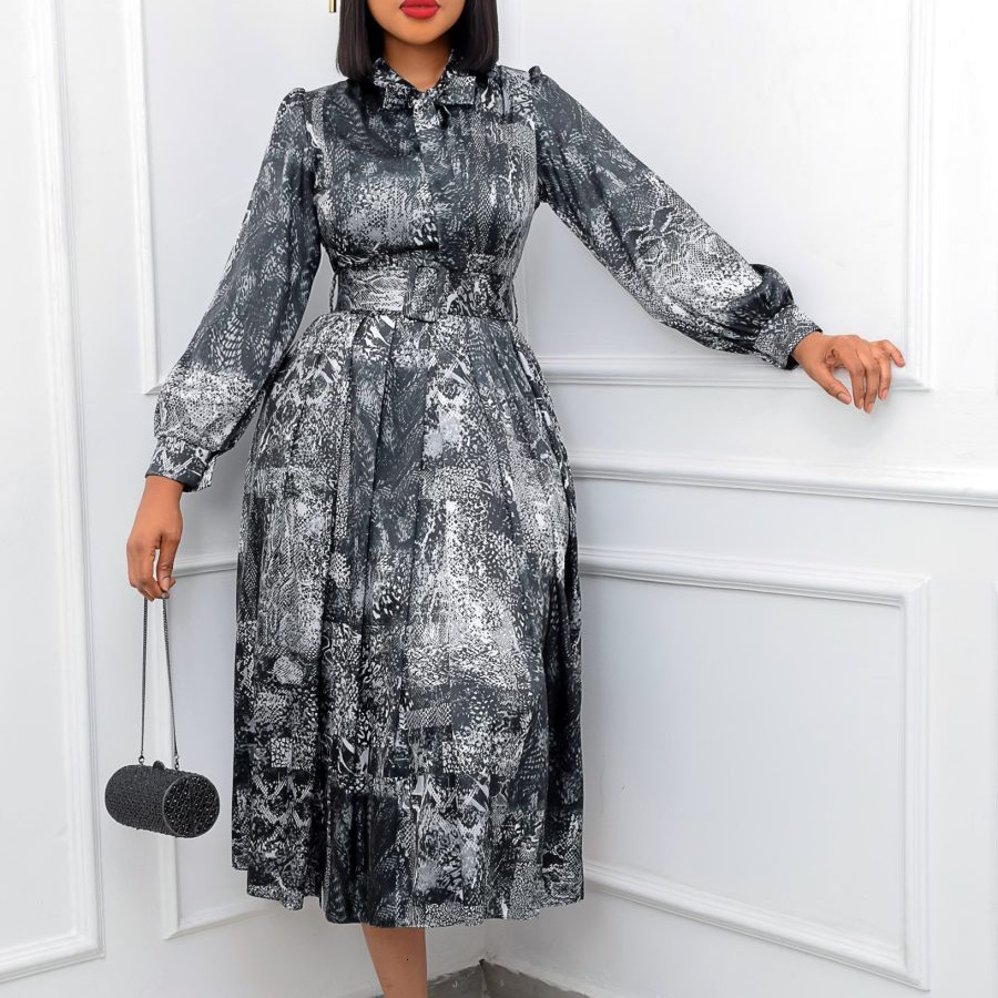 D238 Free Belt 2022 Spring New Long Sleeve High Waist Printed Plus Size Party Dress