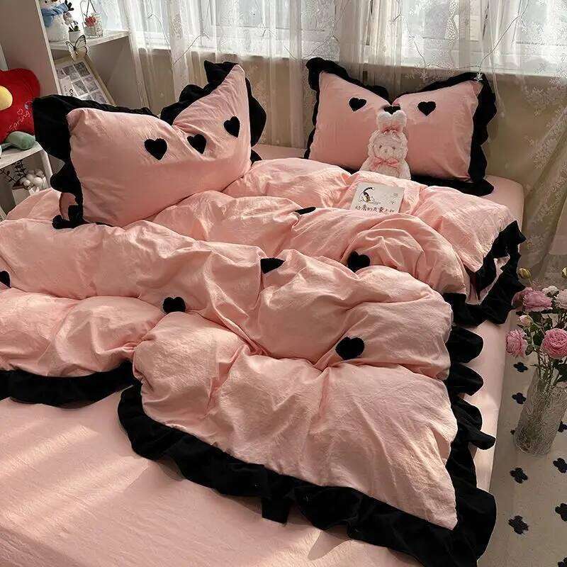 Ins Pink Bow Bedding Ruffles Duvet Cover Flat Sheet Women Girls Princess Bed Linen Set Single Twin Queen Bedclothes H260312