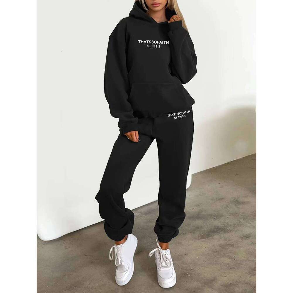 Autumn and Winter 2025 new women hooded sweatshirt + pants two-piece set, print outdoor woman pullover sportswear 2-pcs set C260312