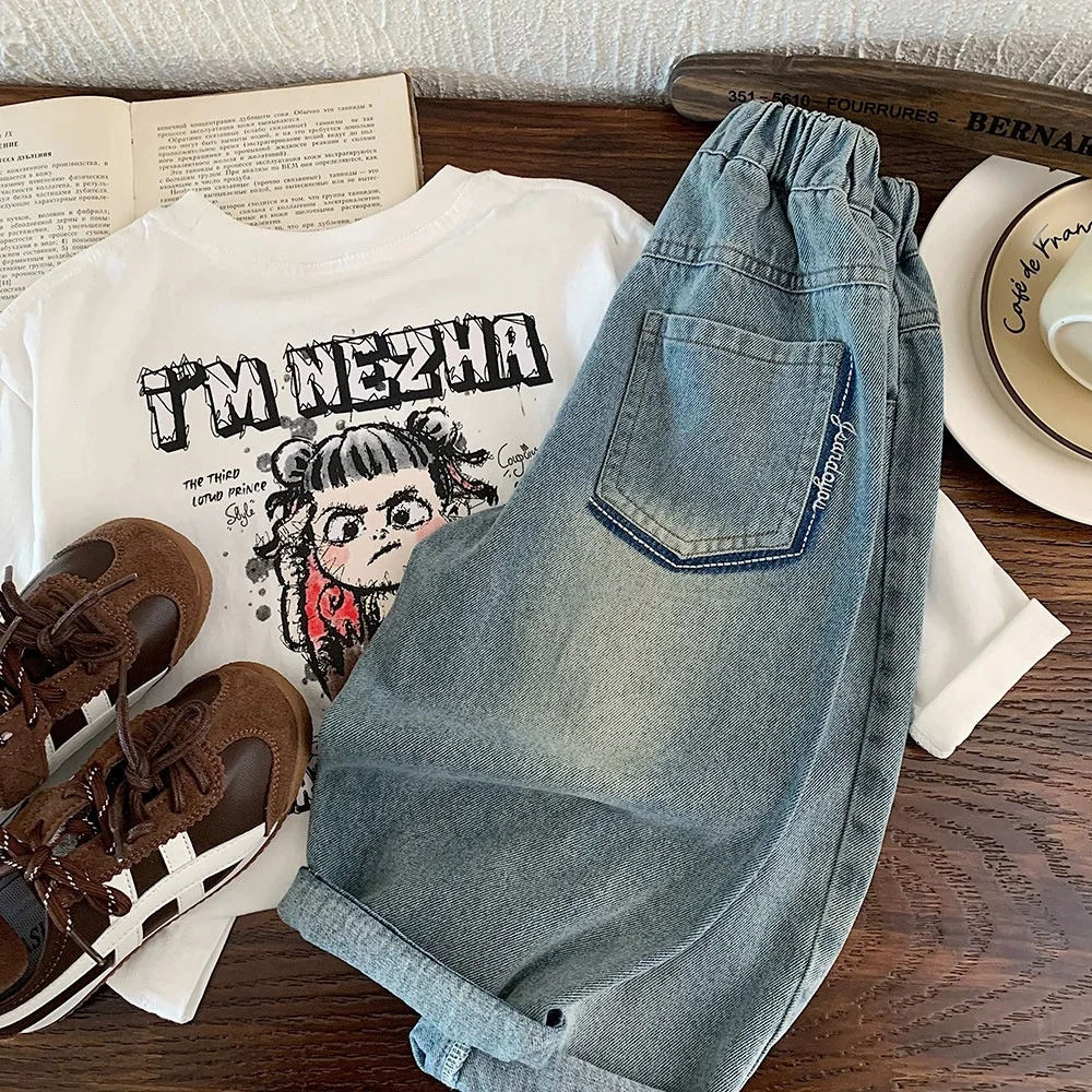 n Casual Outdoor Pants Autumn Boys Kids Denim Stylish Girls Jeans Straight Trousers Elastic Waist Childre 260311
