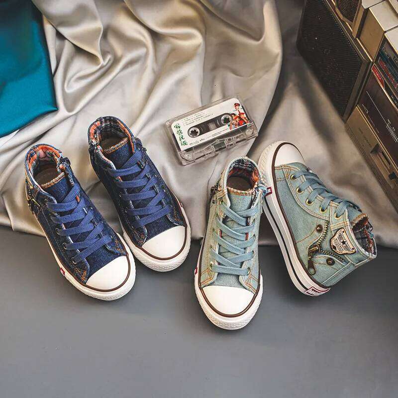 Boys Girls Retro Canvas Children High Top Fashion Side Zipper Slip on Big Kids Soft Sole Non-skid Casual Board Shoes H260312