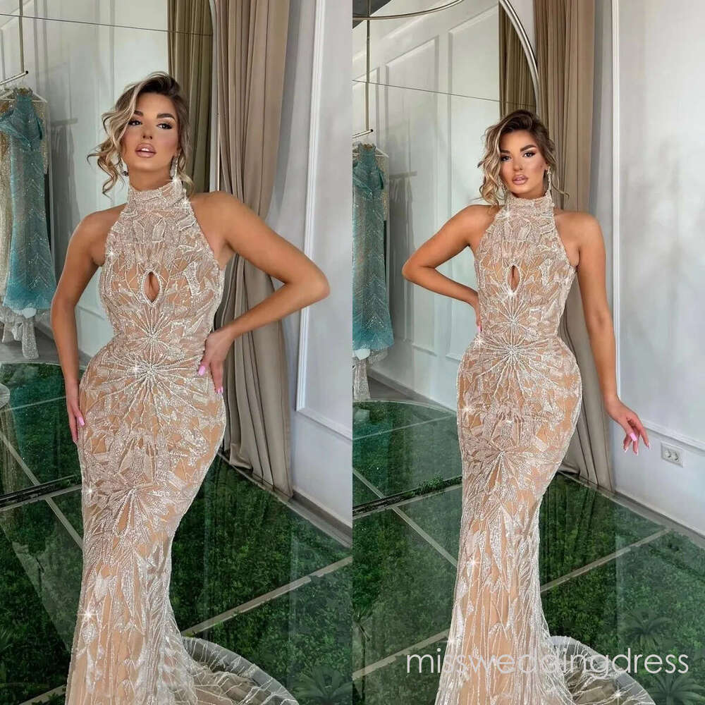Gorgeous Mermaid Wedding Dresses High Neck Bridal Gowns Beading Sequins Backless Sweep Train Custom Made Sleeveless Bride Vestido de novia