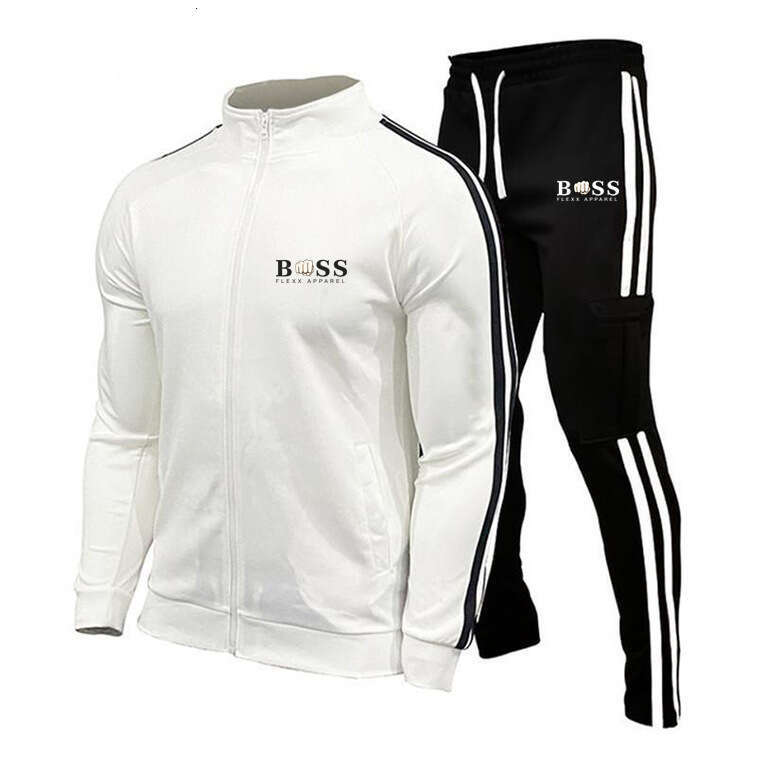 New Men's Cardigan Stand-up Collar Sports Suit, ports and casual zipper splicing pants two-piece set, Casual Slim-fit Running Sports Set