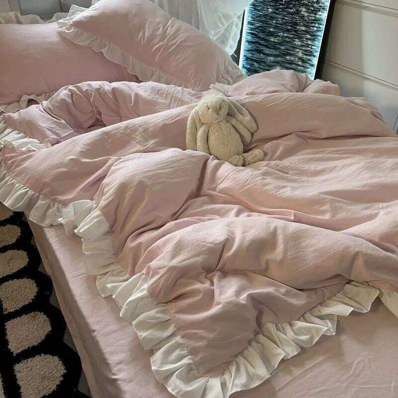 Ins Pink Princess Bedding Set with Ruffles Solid Color Soft Girls Boys Duvet Cover No Filler Pillowcase 3 or 4 pcs Bed Sheet H260312