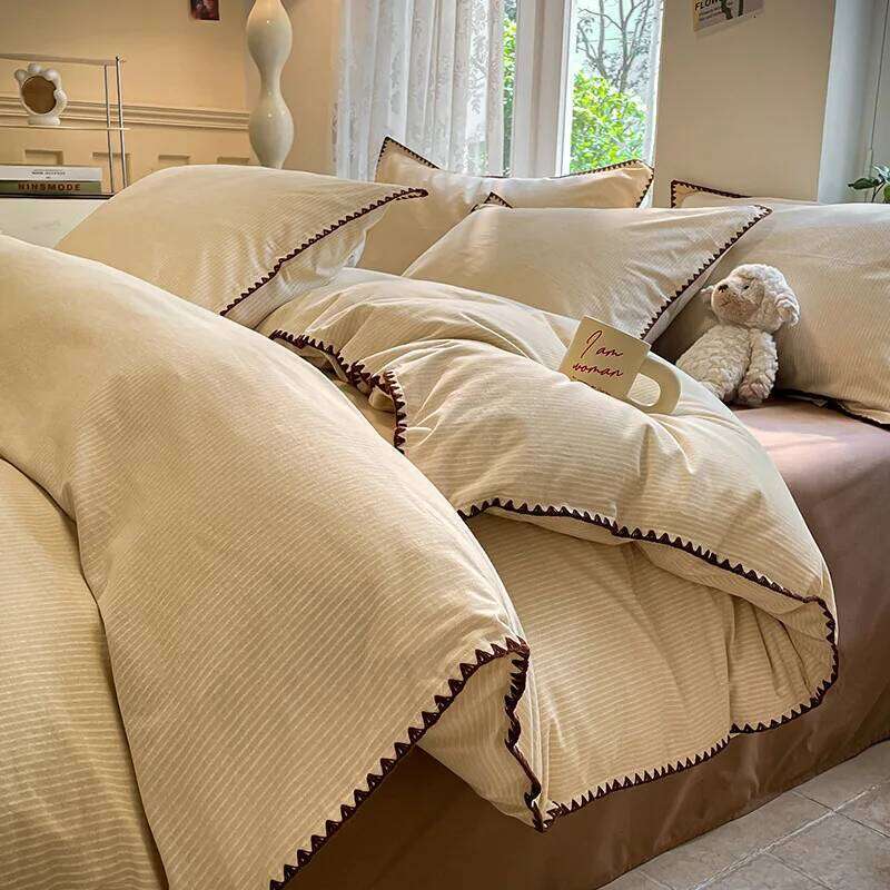 winter thickened four-piece set simple solid color striped shell edge naked sleeping grade sheets comfortable home textiles H260312