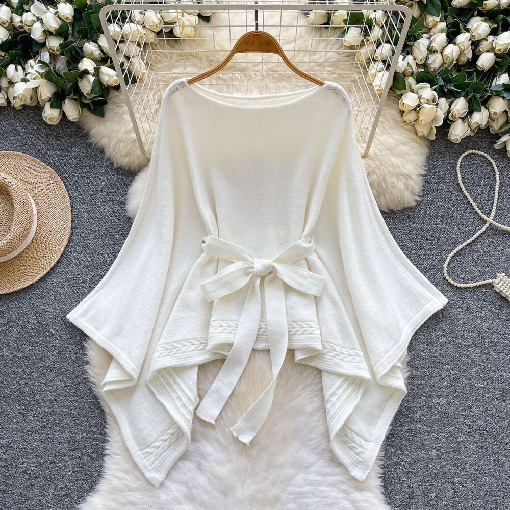 2026 casual fashion high-end tie waist off shoulder A15 cape knitted women's sweater autumn loose fit versatile asymmetric