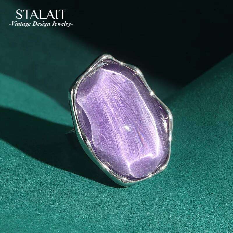 Vintage Purple Ring Real Opal Jewelry For Woman Luxury Quality Cat Eye Stone Irregular Crystal Silver Color Designer Brands 2025 H260312