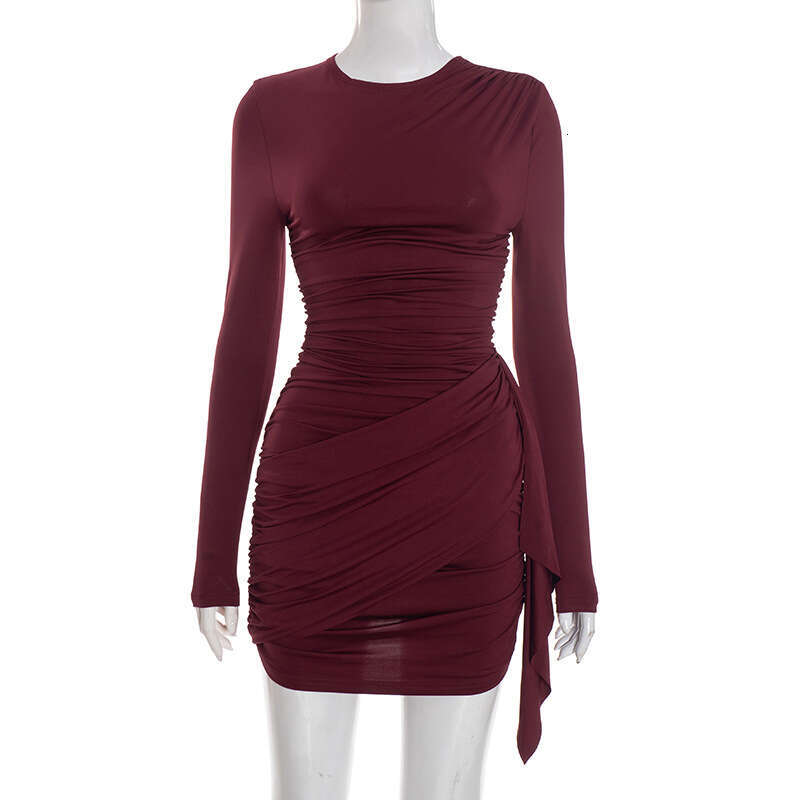 European American women's fashion autumn and winter new solid color ruched ribbon long-sleeve bodycon slim-fit elegant short dress