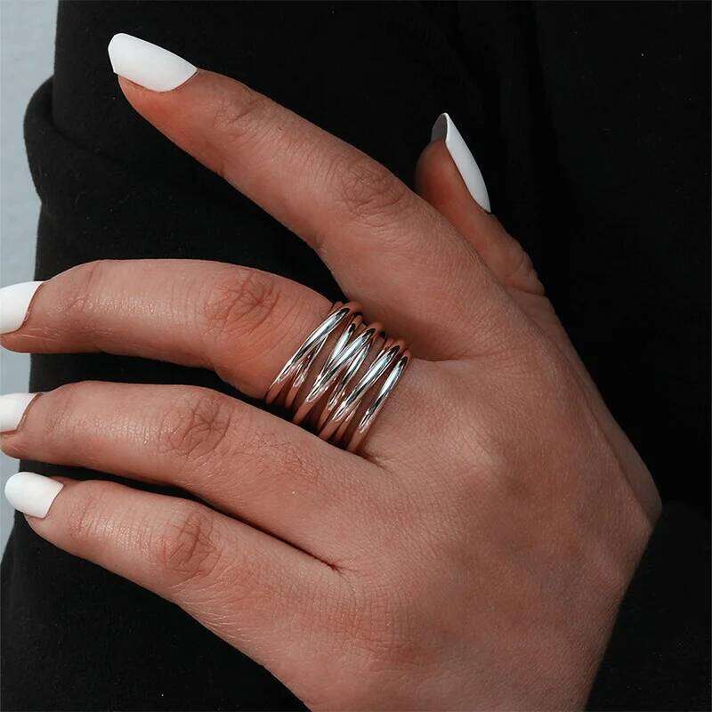 Foxanry Non-fading Gold Color Engagement Rings for Women Couples New Fashion Simple Multilayer Geometric Birthday Party Jewelry H260312