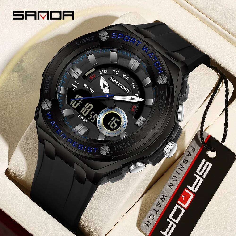 SANDA New 3190 Dual Display Sports Multi functional Waterproof LED Night Light Men's Electronic Watch