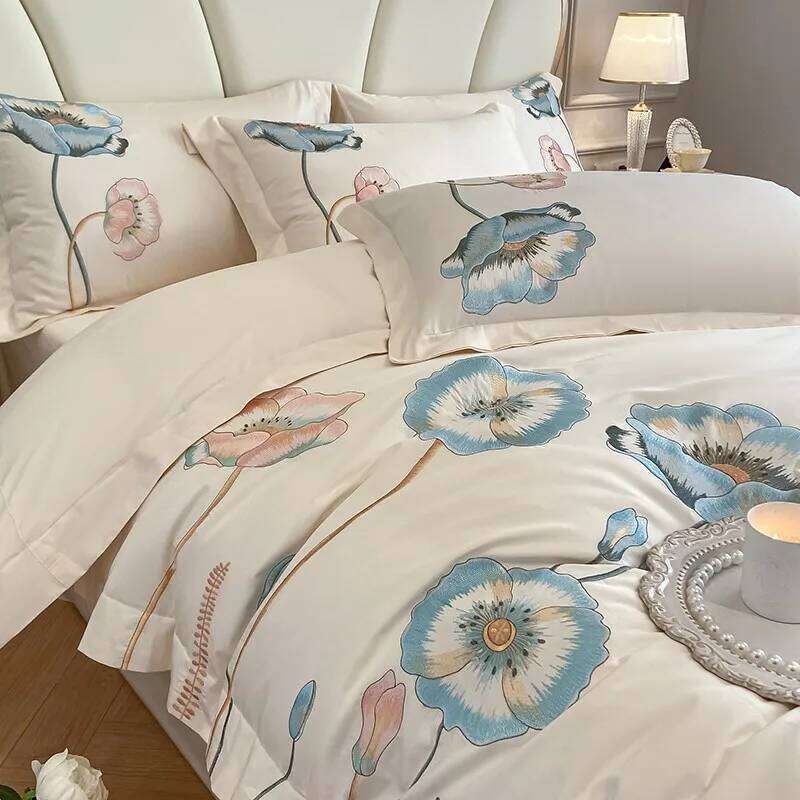 Chic Embroidery Blooming Beige Duvet Cover 100%Cotton Soft Comfy Beddng set Bed Sheet Pillowcases Double Queen King 4Pcs H260312