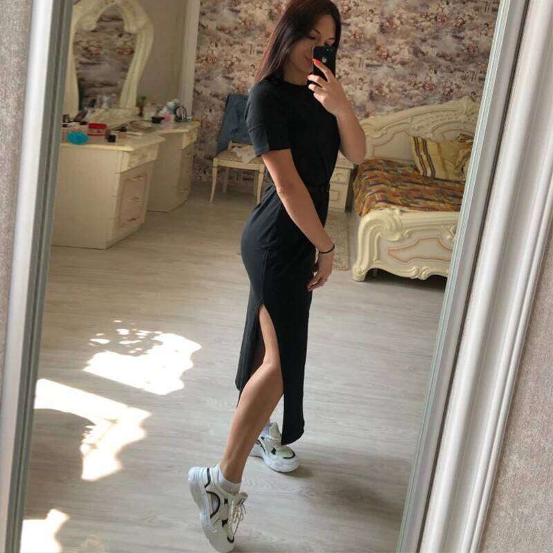Summer Korean Style Midi Women Casual Black Long Dresses Short Sleeve Sexy Plus Size Side Open Party Maxi T Shirt Dress C260312