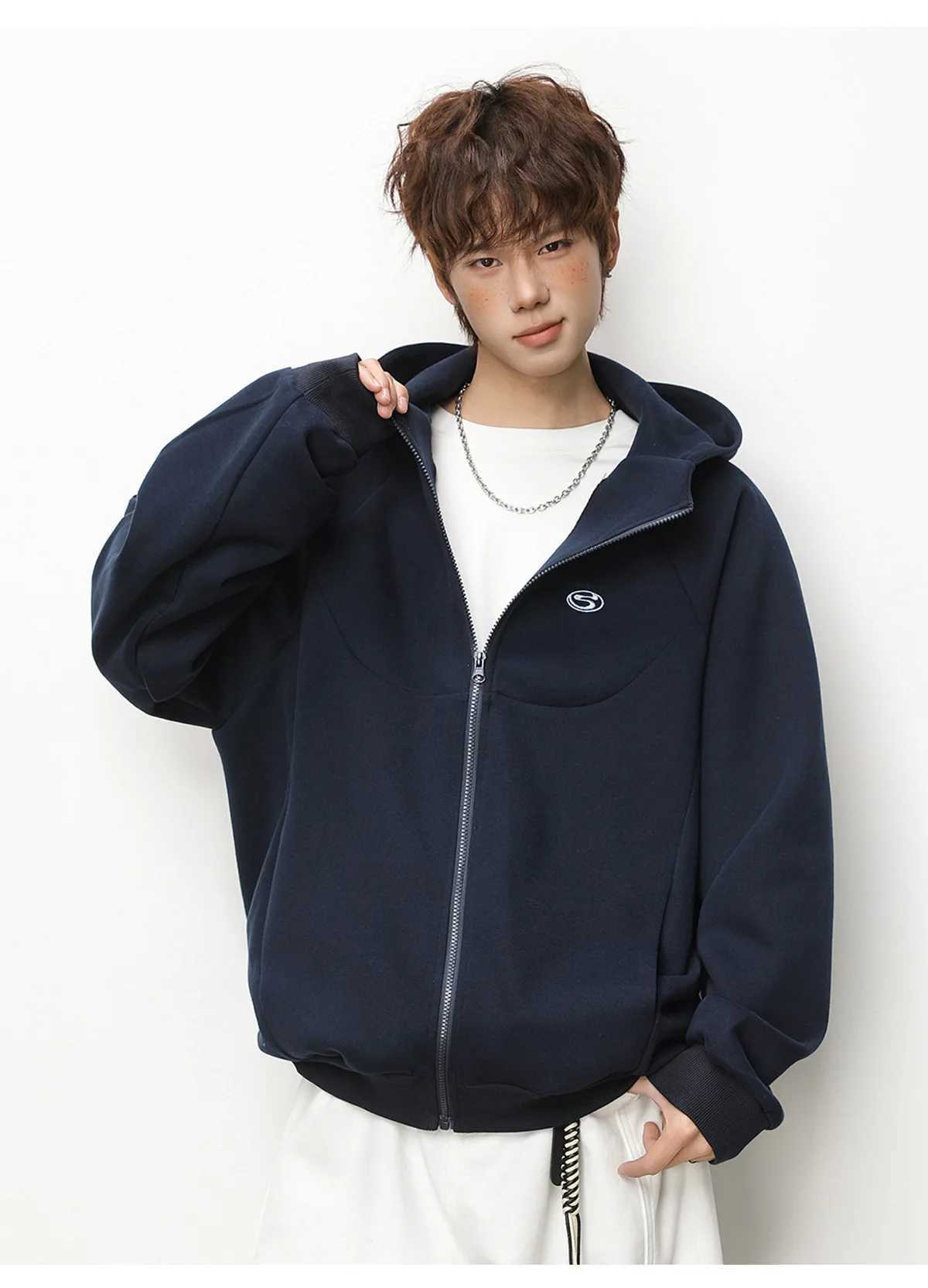 Cardigan Hooded Sweatshirt for Men and Women Spring Vintage Contrast Colour Embroidered Short Wide Zip Jacket Soft M260312