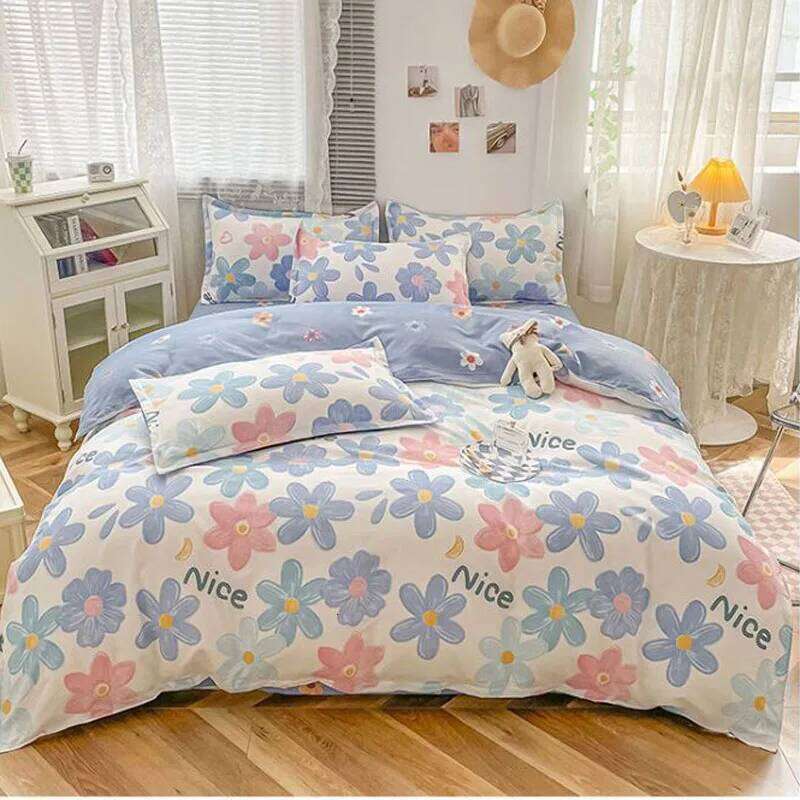 Nordic Style Blended Household Bed Sheet Pillowcase Skin-friendly Printed Bedding Four-piece Set Invisible Zipper Quilt Cover H260312