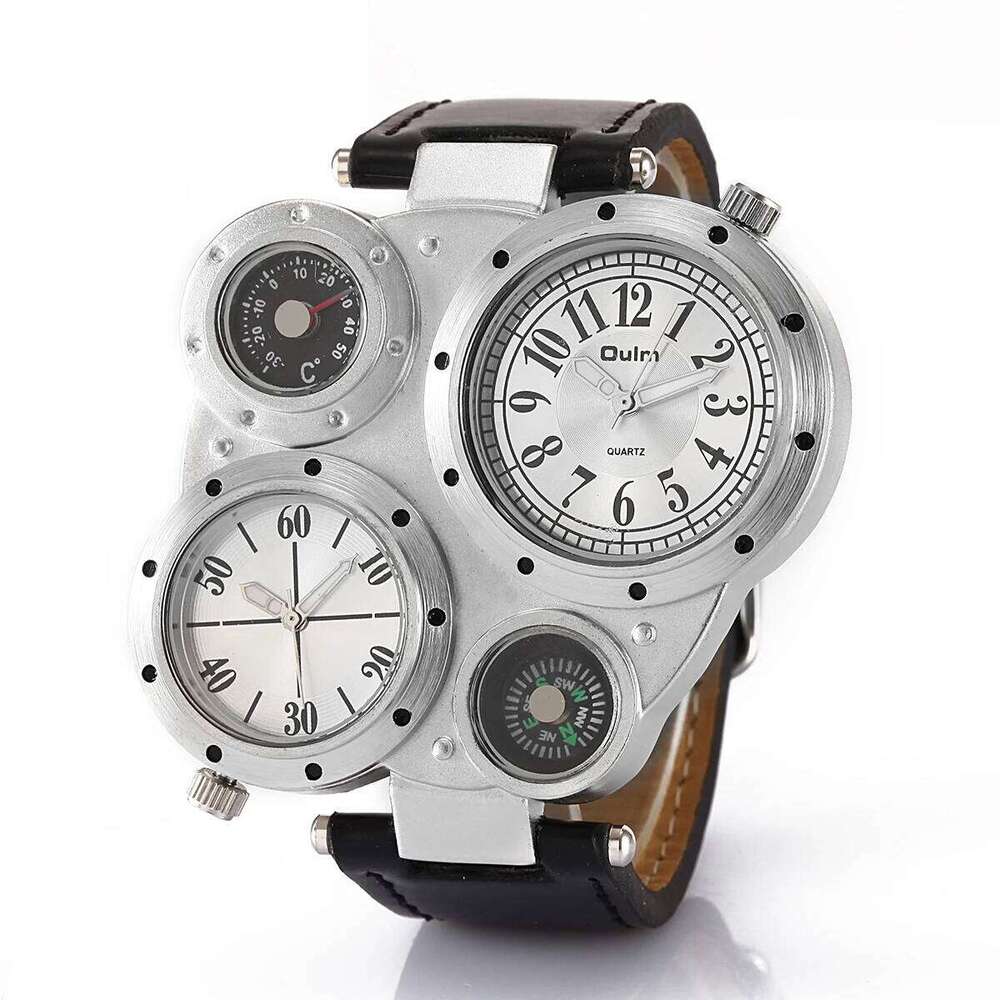 Oulm Fashion Luxury Watch Double Time Zone Large Dial Luminous Leather Strip Men's Quartz Watches relojes para hombre