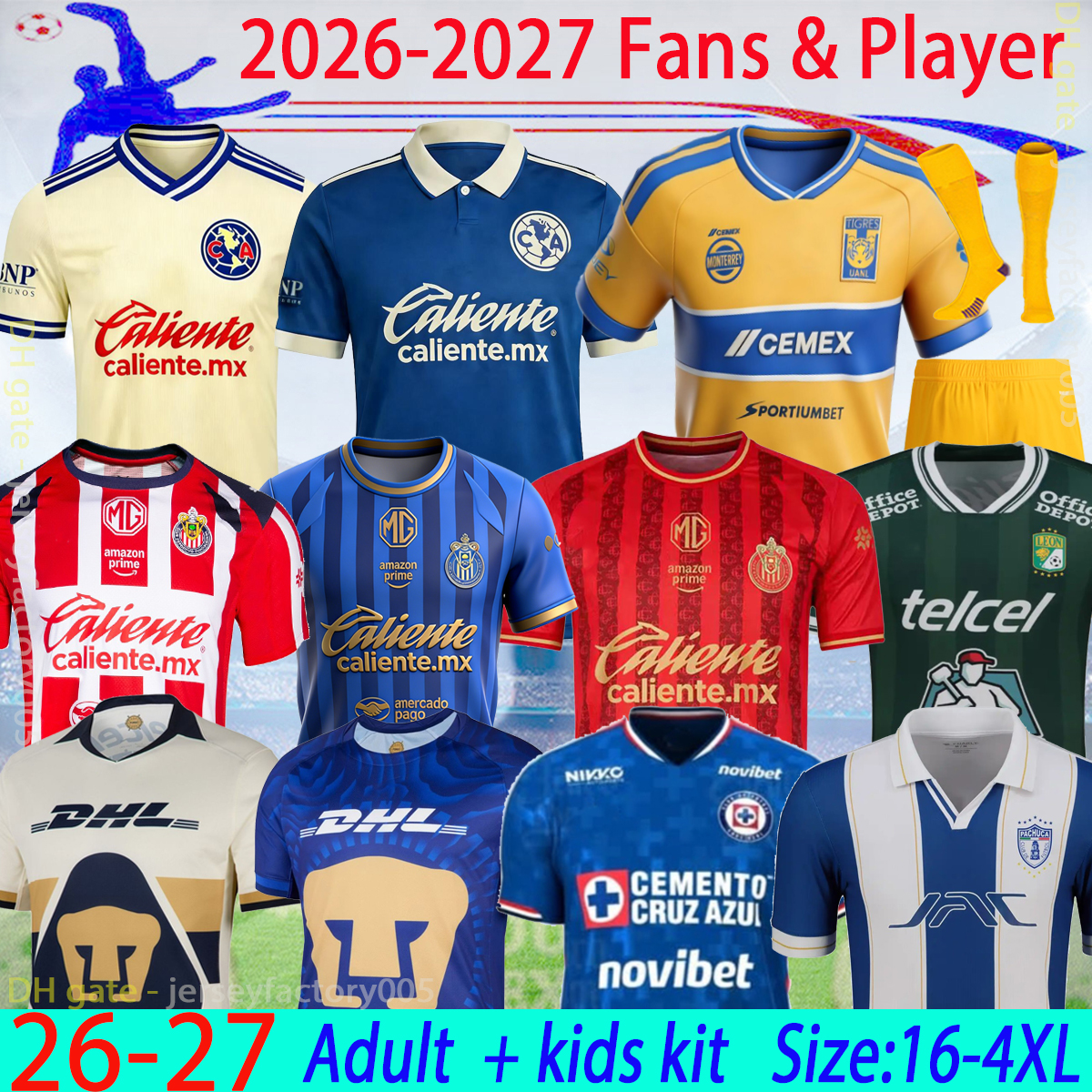 Liga MX 26 27 Tigres UANL Soccer Jerseys 2026 Chivas de Guadalajara Club America Cruz Azul adult kids kits VARGAS Home away Tercer Mexico Pizarro Football kit 16-4XL