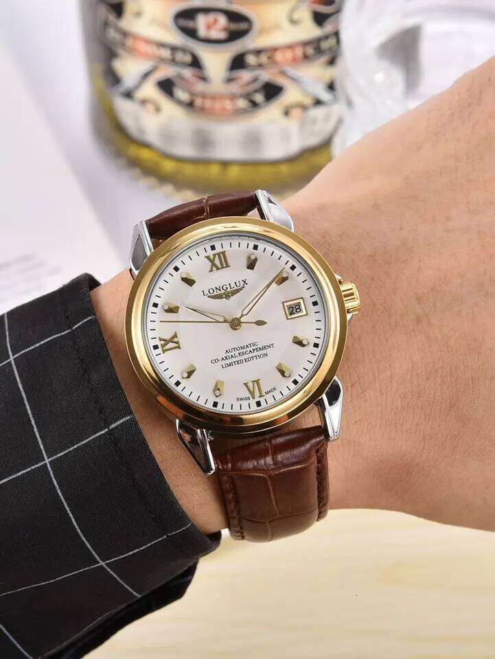 LONGLUX automatic man business leisure dating mechanical wristwatches day date waterproof leather mens watch men gift