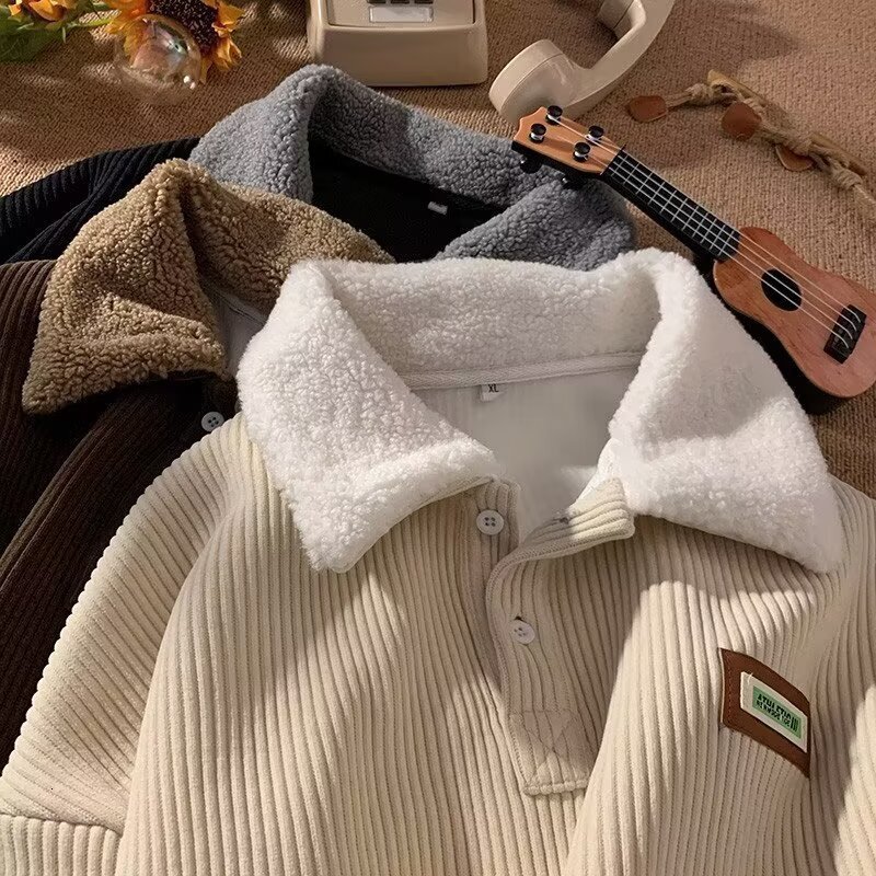 Winter Hong Kong Style Youth Lamb Wool Polo Designer Hoodie Collar Sweatshirt For Men Autumn And Winter Fleece-lined Thick Corduroy Jacket For Men
