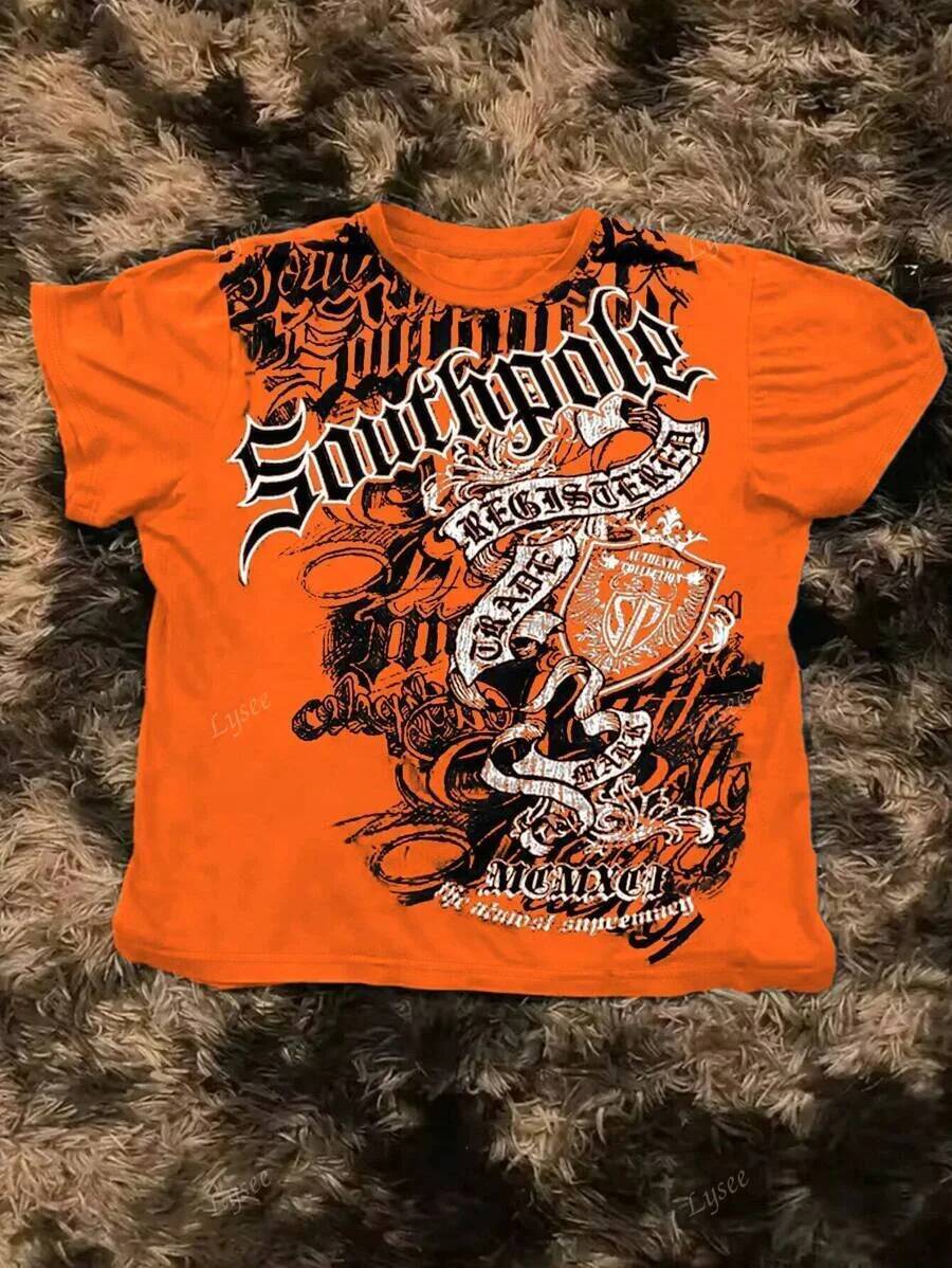 Retro orange Gothic Pattern Printed Hip Hop men Street Fashion Plus Size T shirt Round Neck Short Sleeve Women Couple Tops ddmythur