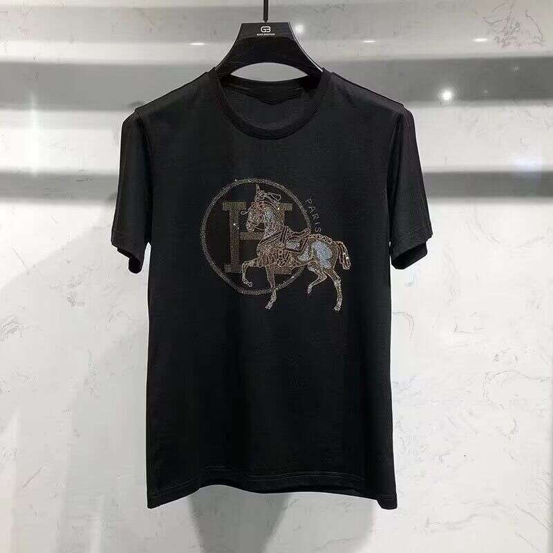 European High-End Brand Men's Pure Cotton Short-Sleeve T-Shirt, 2025 New Summer Style, Personalized Trendy Print With Rhinestone Embellishments A