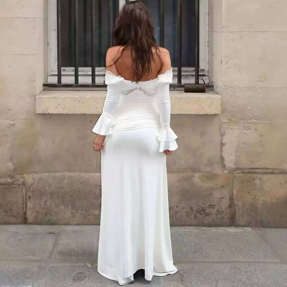 2025 Autumn Sleeve Sexy Maxi For Women Fashion Lace Patchwork V Neck Backless Draped Ruched Club Party Long Dress C260312