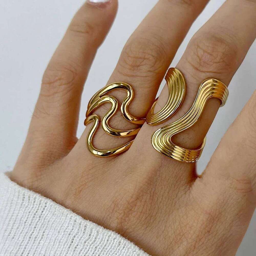 Stainless Steel Irregular Wave Rings for Women Men Creative Gold Color Adjustable Opening Ring Female Statement Jewelry Gifts H260312