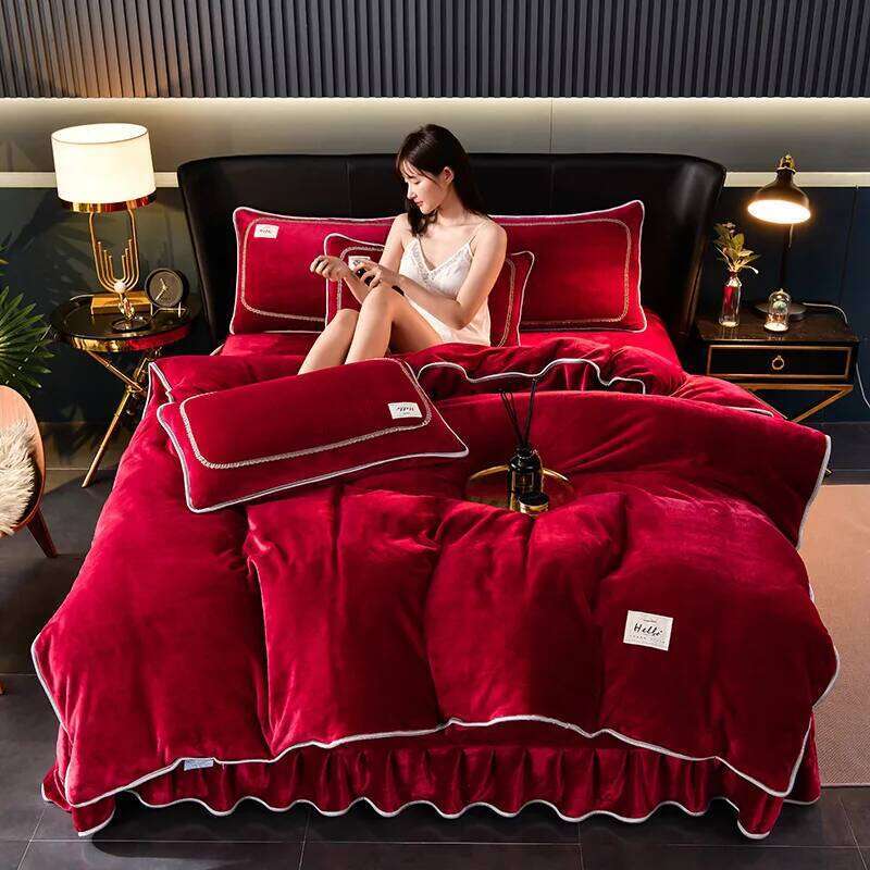 2025 new solid color milk fleece set, winter thickened warm student dormitory bed sheet four-piece set H260312