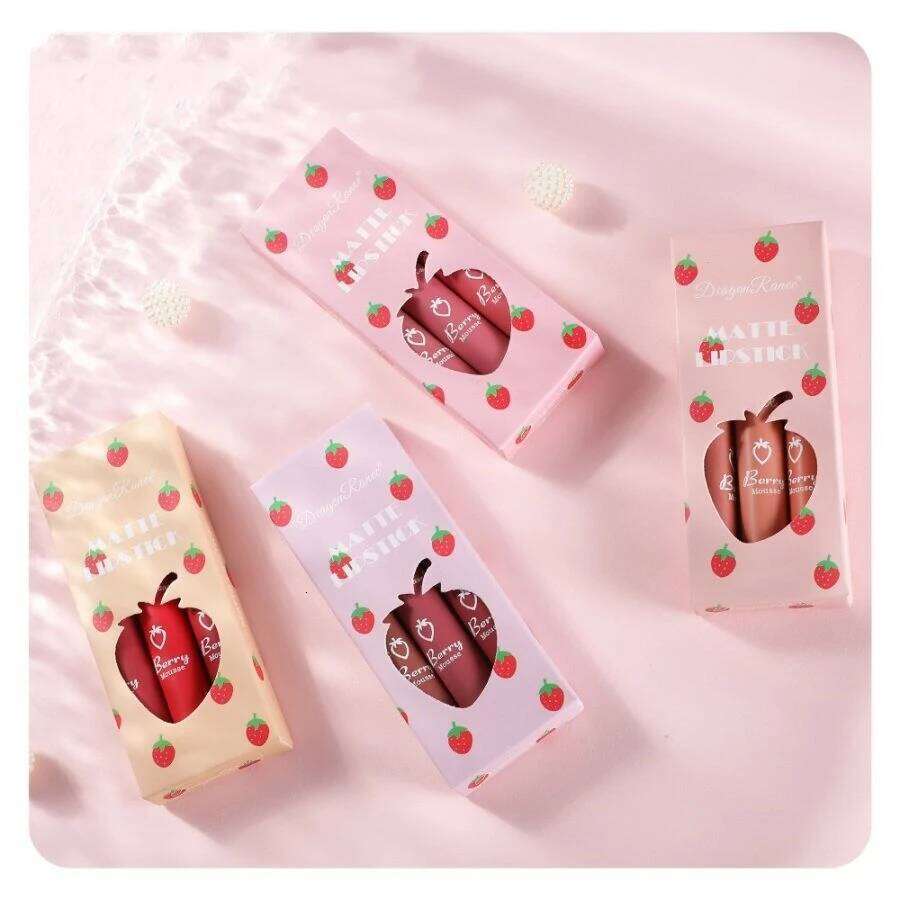 3-Piece of Velvet Matte Lipstick, Small Orange Milk Tea Bean Paste Color Gloss, Easy to Apply, Non-Fading, Non-Stick Cup Lip Gloss Set Box W260311