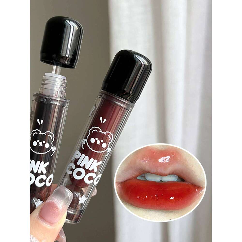 PINKCOCO Bear Doodle Mirror Glaze Long-Lasting Shiny Lip Gloss, Student-Friendly, Skin-Brightening Nude Lipstick,Beautifu W260311