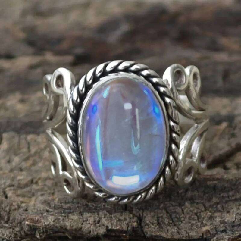 Huitan Boho Style Women Rings with Oval Imitation Opal Stone Hollow Out Band Ethnic Female Accessory Unique Jewelry for Vocation H260312