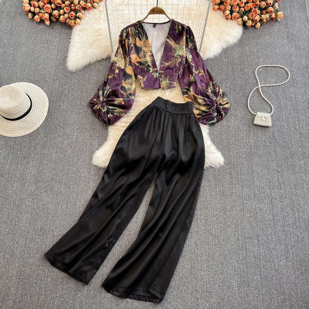 Light and mature style women's fashion suit elegant V-neck lantern sleeve printed shirt with high A19 waisted wide leg pants